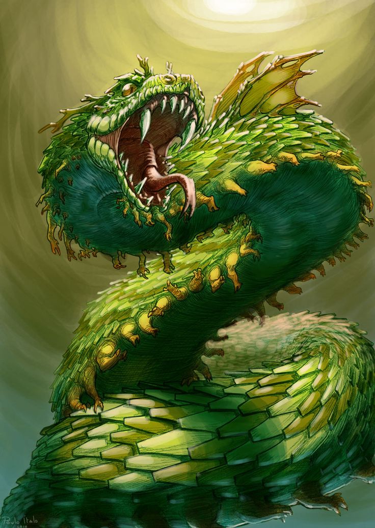 a painting of a green dragon with its mouth open