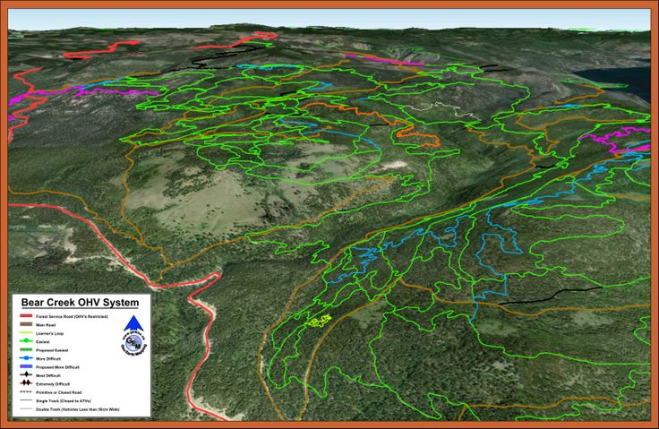 the trail map for the great smoky mountain bike route is shown in red, green, and blue