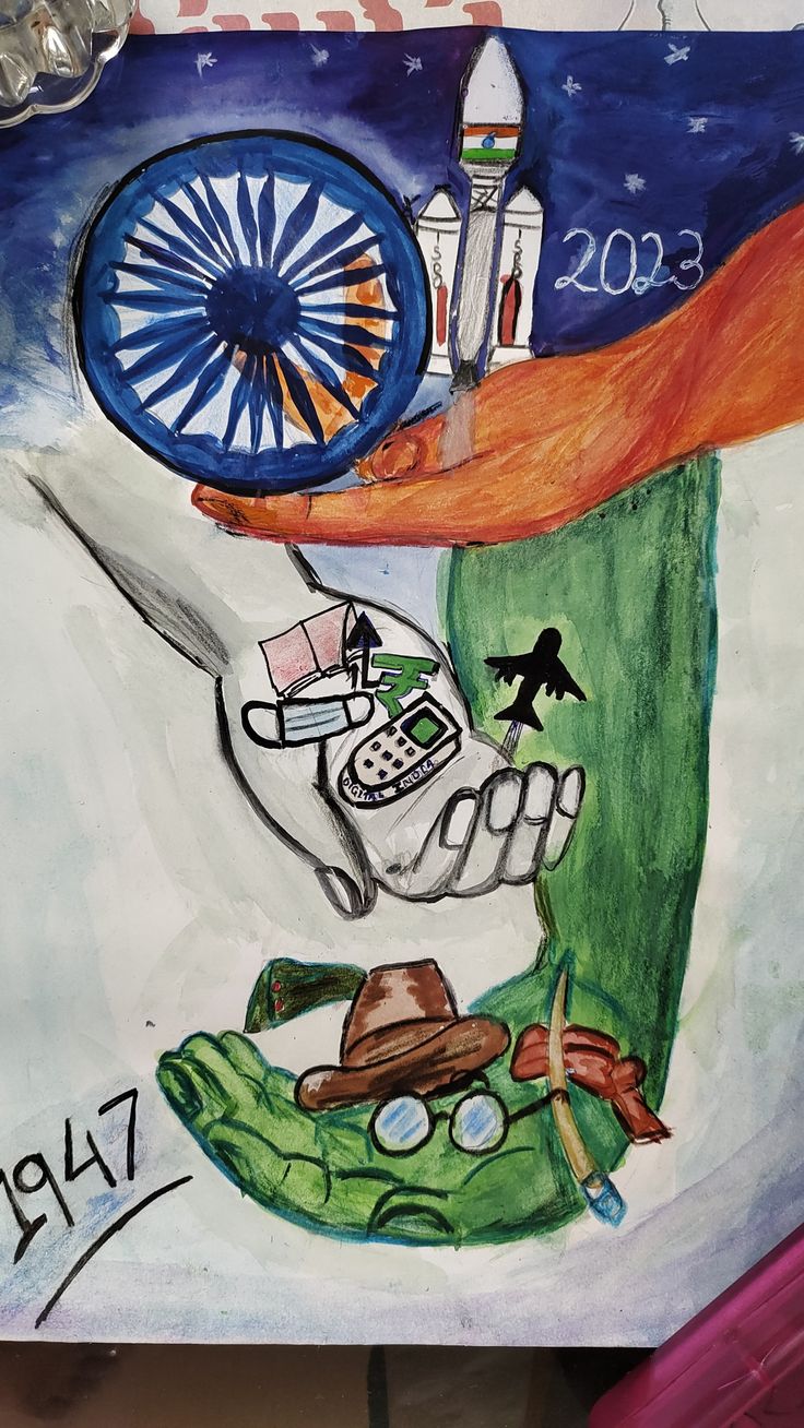 a drawing of a person holding a cell phone in front of a flag and wheel