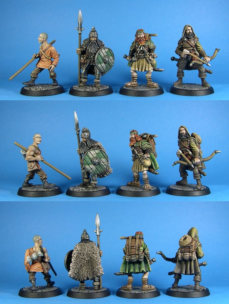 several different types of figurines are shown in this set, all with swords and armor