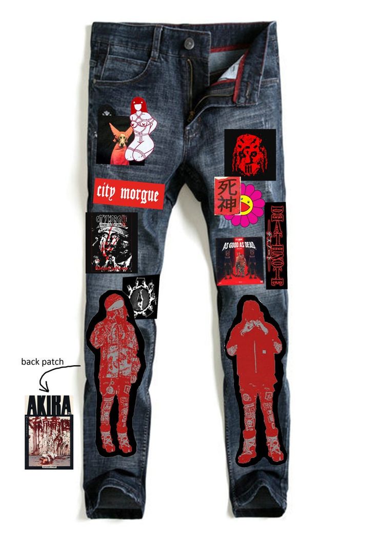 a pair of jeans with stickers on them