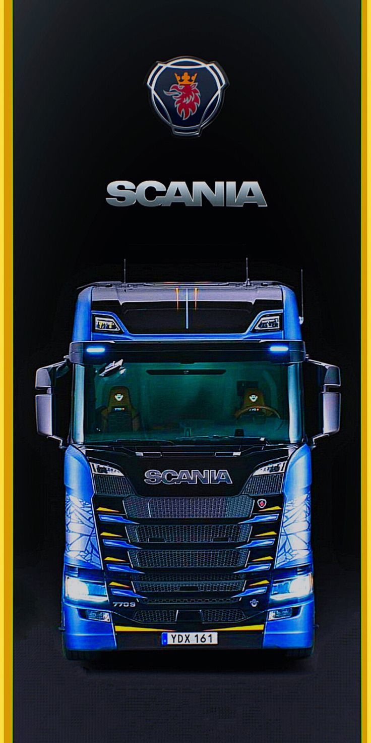 the front end of a blue scania truck