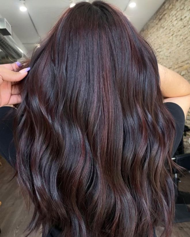 Dark Hair Color Ideas With Red Undertones, Dark Red Hair Color For Brunettes, Cherry Black Balayage, Dark Cherry Black Hair Color, Midnight Cherry Hair Color, Chocolate Cherry Highlights On Black Hair, Black Cherry Coke Hair Color, Red Tinted Brown Hair Highlights, Chocolate Cherry Balayage Dark Brown