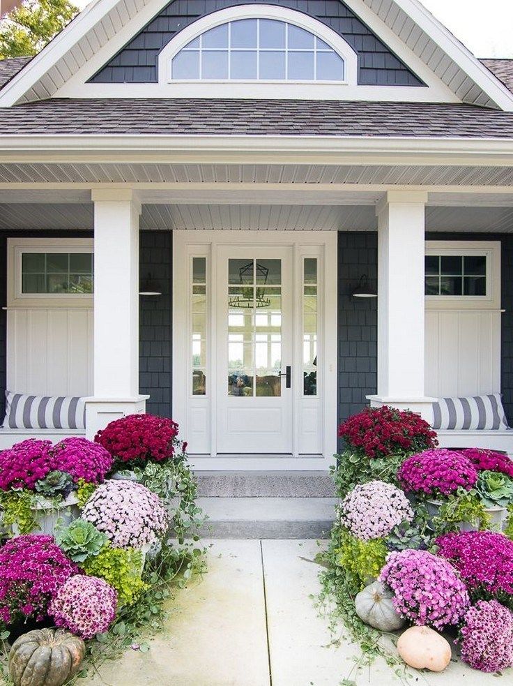 the front door of a house with purple flowers and pumpkins