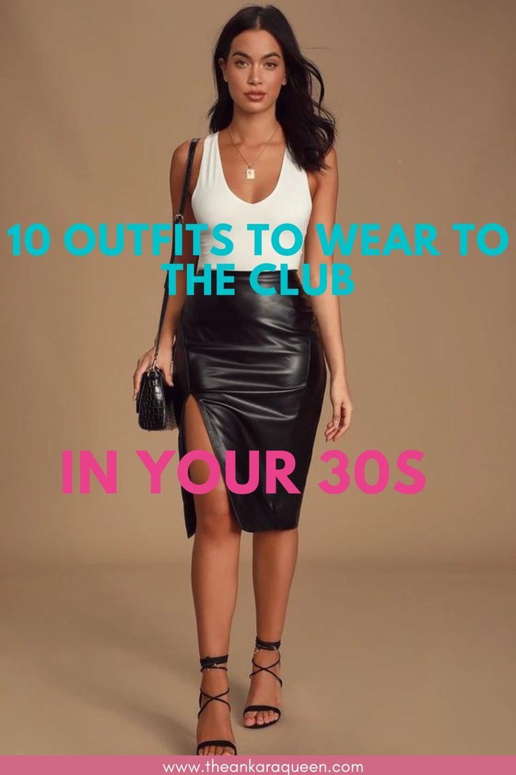 A young woman wears a white halter neck top with a black pencil skirt. The skirt features a front slit and she wears black strappy open-toe heels. She also carries a black purse. Club Outfits For Short Women, Comfy Clubbing Outfits, Club Outfit For Women Over 40, Club Outfits With Flats, Affordable Trendy Tank Top For Clubwear, What To Wear To Club Night, Clubbing Outfits Dress, Clubbing Outfits Over 40, 30 Year Old Club Outfit