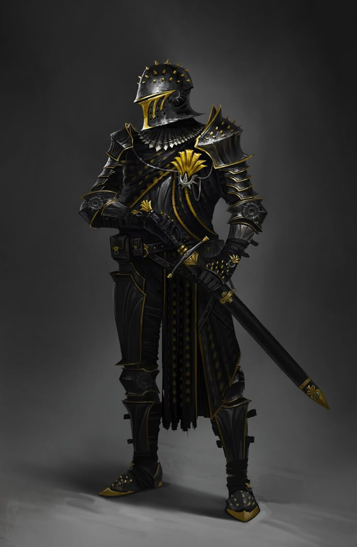 Black and gold, Vladimir Buchyk on ArtStation at https://www.artstation.com/artwork/GXbmB1 Dwendalian Empire, Crusader Knight Tattoo, Black Knight Armor, Black Knight Art, Armor Aesthetic, Gold Armor, Medieval Tattoo, Knight Tattoo, Crusader Knight