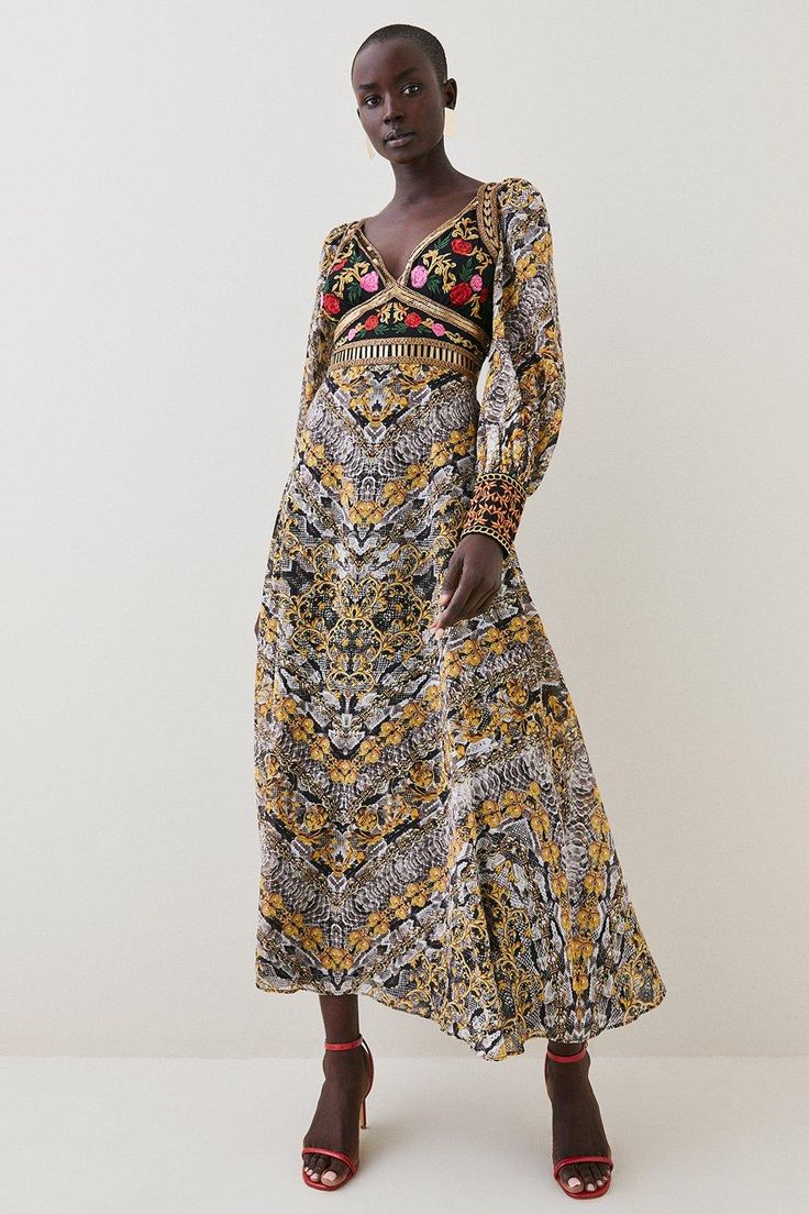 Baroque Embroidered And Bead Woven Midi Dress | Karen Millen V-neck Dress With Multicolor Floral Embroidery, V-neck Dress With Intricate Multicolor Embroidery, Festive V-neck Embellished Maxi Dress, Floral Print Embroidered Maxi Dress For Party, Floral Print Maxi Embroidered Dress For Party, Embellished Embroidered Midi Dress For Wedding, Long Sleeve Dresses With Multicolor Embroidery For Party, Maxi Length Dress With Intricate Embroidery For Party, Festive V-neck Embroidered Embellished Dress