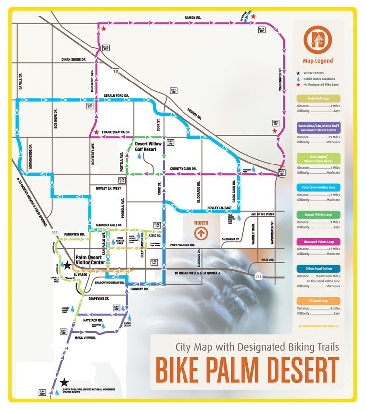 the city map with designated biking trails and bike palm desert on it's side