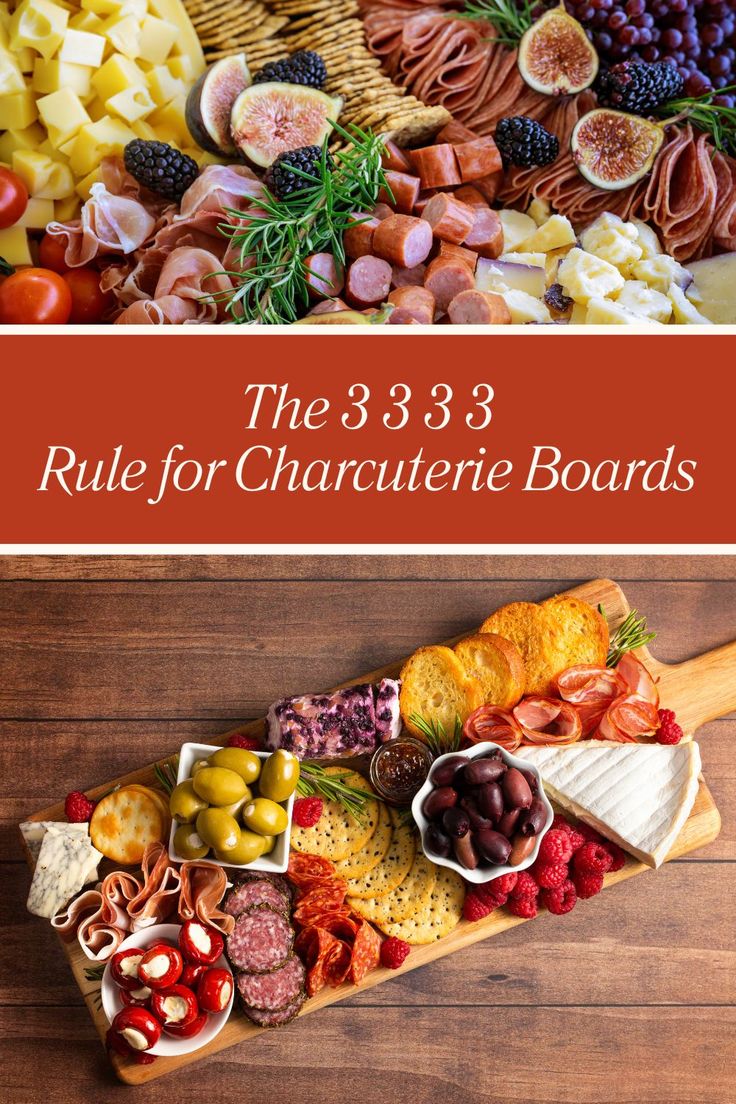 an assortment of different types of cheeses and meats on a cutting board with the title, the 3 3 3 rules for charine boards