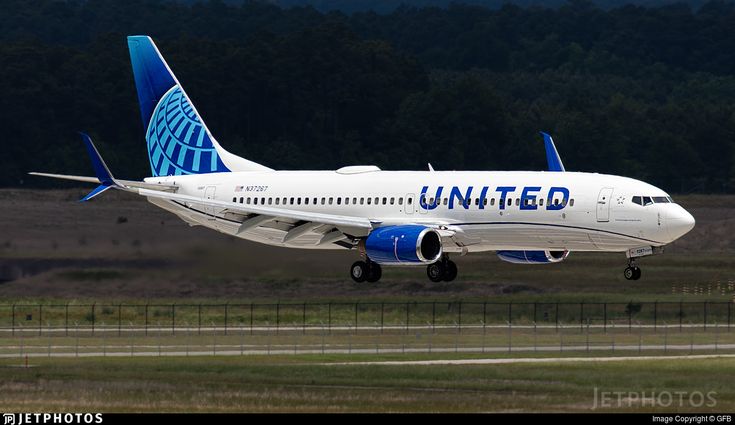 a united airlines jet taking off from an airport runway with trees in the back ground