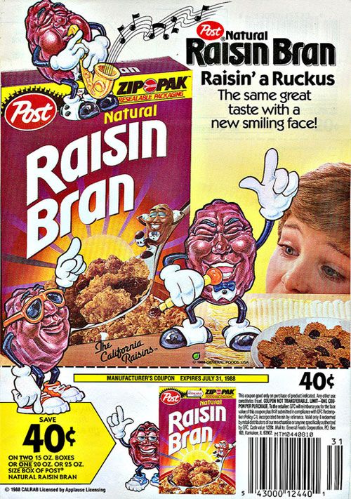 an advertisement for raisin bran cereal with cartoon characters on the front and back side