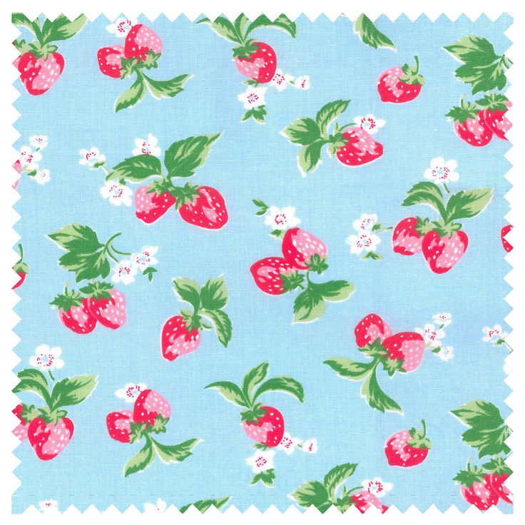 a blue background with strawberrys and flowers on it