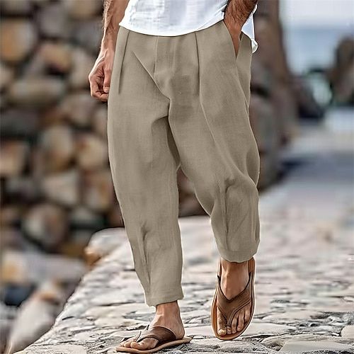 Season:Spring  Summer; Fabric:100% Cotton; Gender:Men's; Style:Fashion,Streetwear; Occasion:Holiday,Daily,Casual; Fit Type:Regular Fit; Function:Breathable,Comfort; Waistline:Mid Waist; Pattern:Plain; Design:Front Pocket,Pleats; Brand:OUKU; Pants Type:Trousers,Tapered Carrot Pants,Beach Pants,Summer Pants; Fly Type:Button; Front page:FF; Listing Date:07/19/2024 Non-stretch Leisure Bottoms For Summer, Baggy Casual Summer Pants, Casual Baggy Pants For Summer, Casual Wide Leg Harem Pants For Leisure, Casual Non-stretch Beach Bottoms, Casual Beach Pants For Leisure, Summer Leisure Straight Leg Bottoms, Casual Summer Harem Pants, Casual Straight Harem Pants For Summer