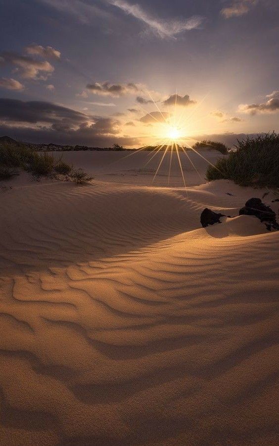 the sun is setting over sand dunes in the desert