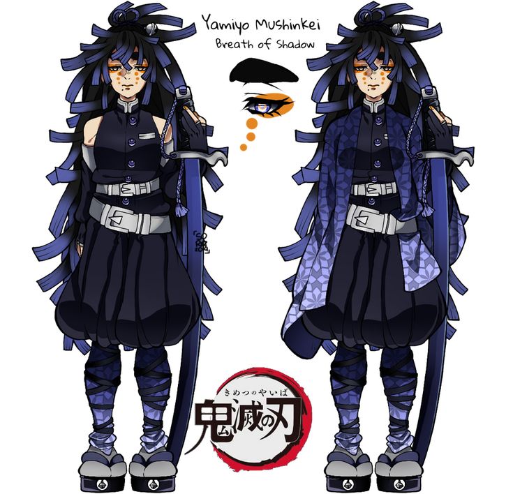 an anime character with long black hair and blue eyes, dressed in dark purple clothes