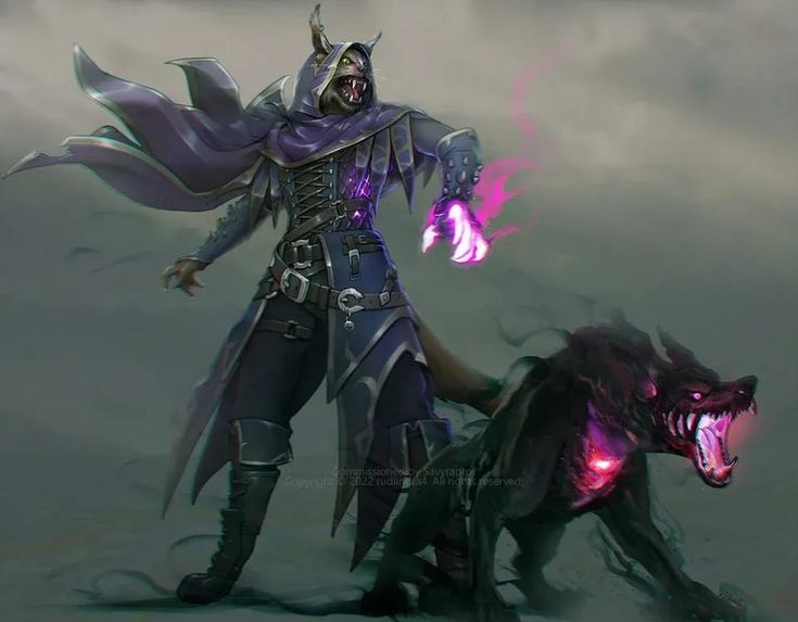 a man standing next to a demon on top of a field