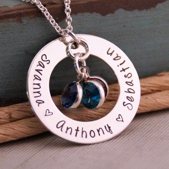 Items similar to Mommy Necklace / Hand Stamped Jewelry / Personalized Sterling Silver Necklace / Family Circle of Love with birthstones on Etsy Washer Jewelry, Mommy Necklace, Family Circle, Silver Jewels, Jewelry Personalized, Plastic Jewelry, Hand Stamped Jewelry, Name Necklaces, Stamped Jewelry