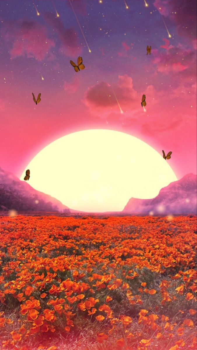 a field full of orange flowers under a purple sky with butterflies flying over it and the sun in the distance