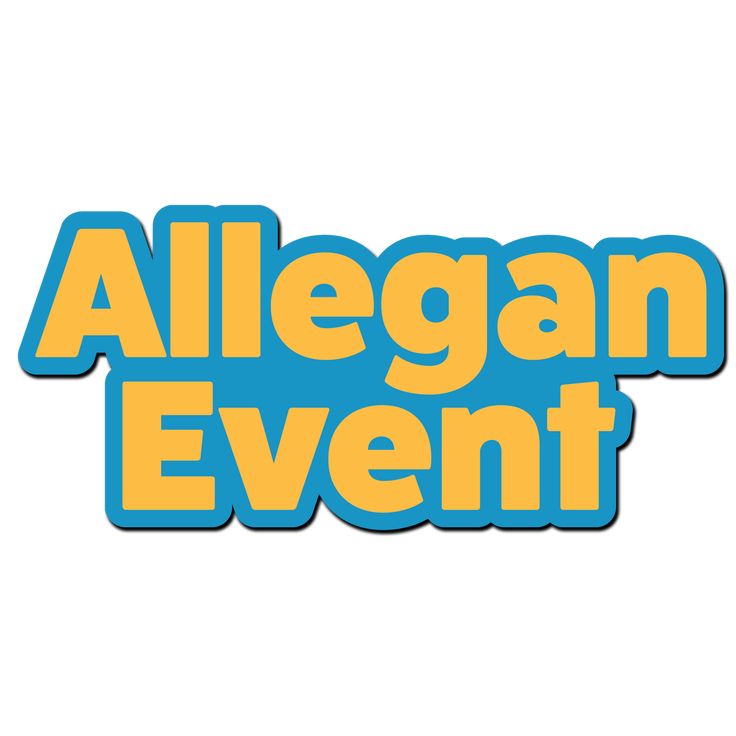 the allegan event logo is shown in blue and yellow with an orange stripe