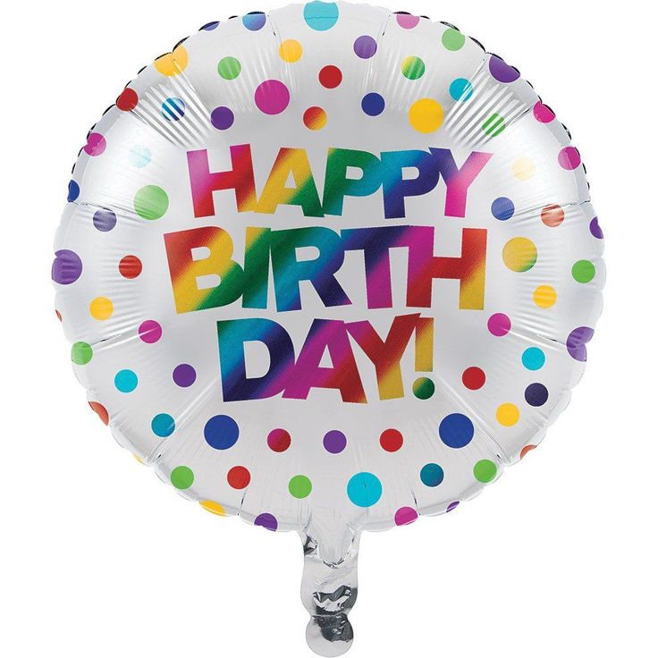 a foil balloon with the words happy birthday on it and multicolored polka dots