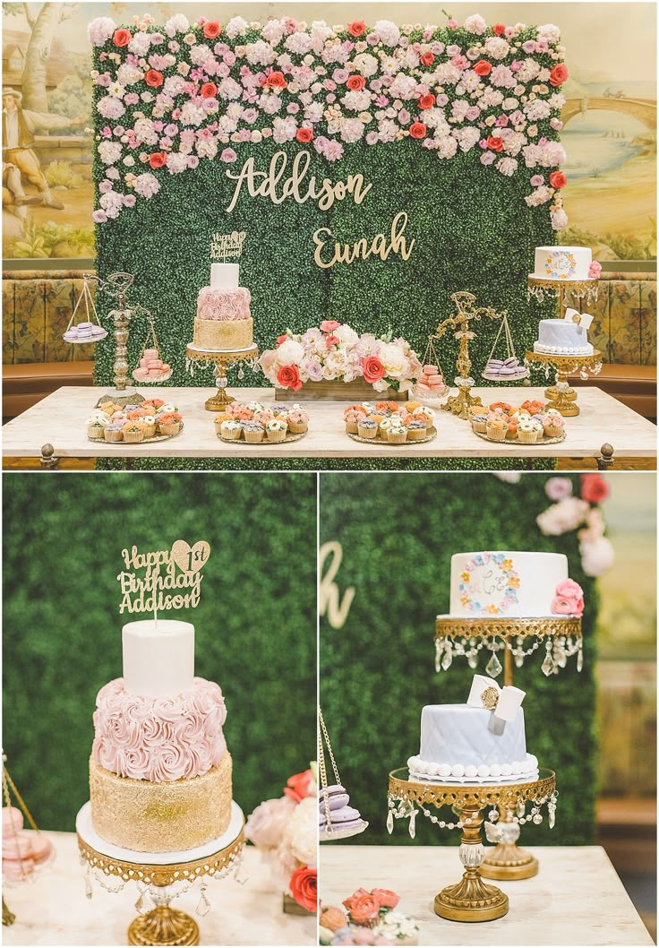 a table topped with lots of cakes and cupcakes on top of wooden boxes