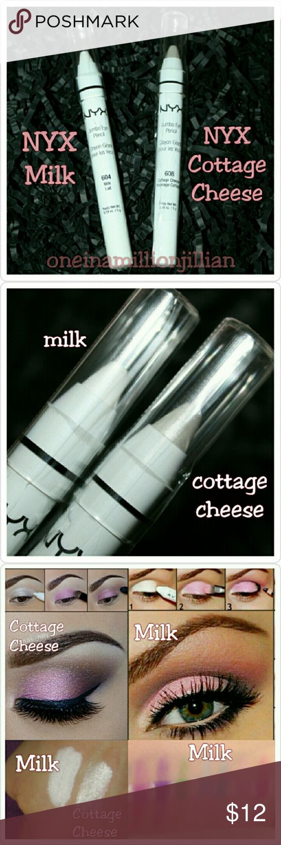 2 NYX Jumbo Eye Pencil / Eyeshadow Stick New/Sealed  Qty: 2  Full Size & Authentic  Color: Milk (white) Cottage Cheese (pearl white)  A radiant eye liner that also doubles as an eye shadow. Made with a blend of mineral oil & powder, the creamy Jumbo Eye Pencils glide on effortlessly - no pulling tugging or fading. The most voluptuous pencil yet!  Want to make your eyeshadow POP?! Use Milk as the base before applying the shadow. Or use Cottage Cheese for a softer, pearlescent look. (See pic #3 examples)  #oneinamillionjillian NYX Makeup Eyeshadow Nyx Jumbo Eye Pencil, Eye Pencils, Nyx Makeup, Eyeshadow Eyeliner, White Cottage, Eye Primer, Eye Pencil, The Shadow, Cottage Cheese