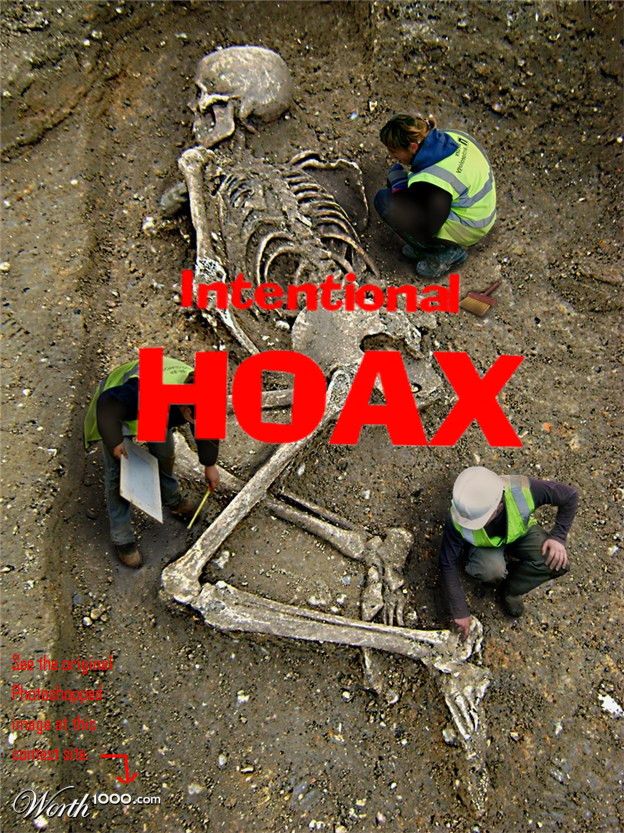 two men working on a skeleton in the dirt with text that reads national hoax