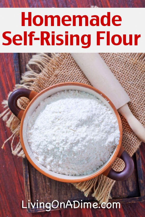 homemade self - rising flour in a bowl on a wooden table with text overlay