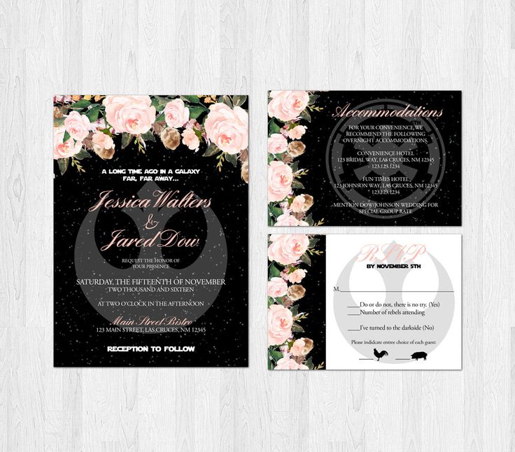 an elegant wedding suite with pink roses on the front and black, floral print on the back