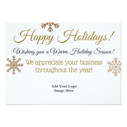 a white and gold holiday card with snowflakes on the front saying happy holidays