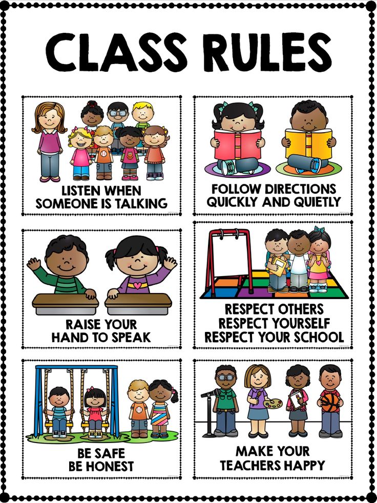 classroom rules poster with children in the background