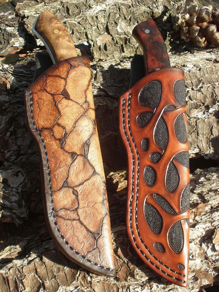 two leather sheaths sitting on top of a tree trunk next to each other with holes in them