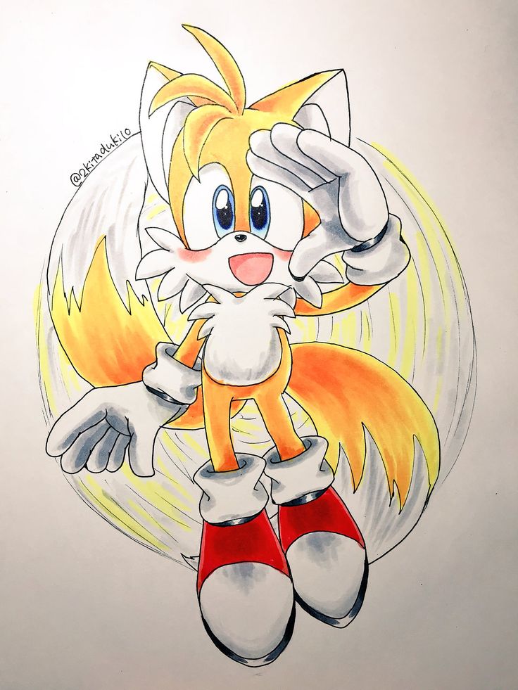 a drawing of an orange and white sonic the hedgehog with his arms in the air