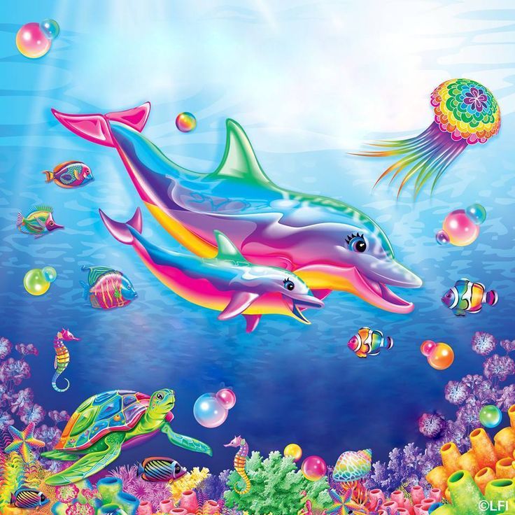 an underwater scene with dolphins and jelly fish