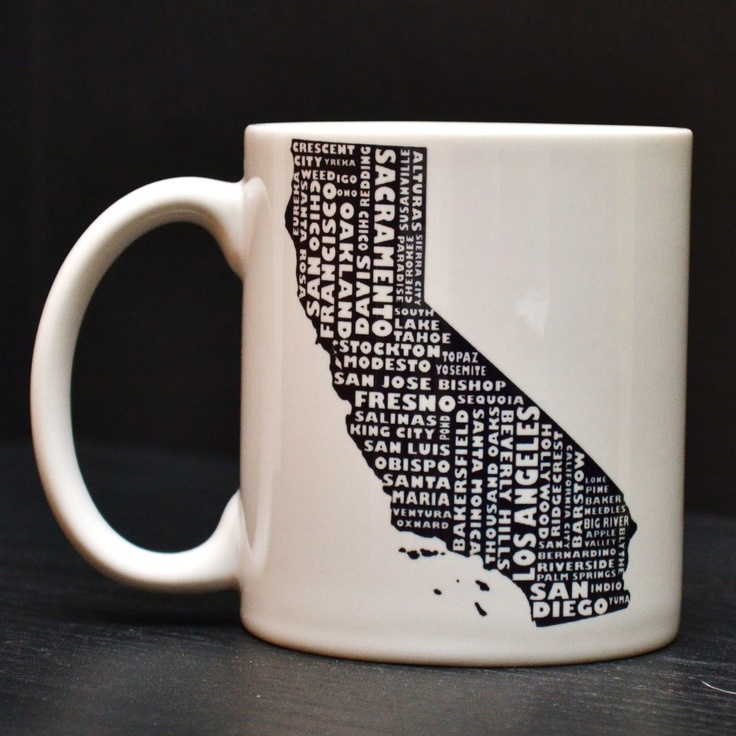 a white coffee mug with the shape of california printed on it