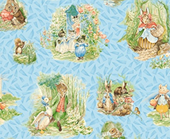 a blue background with many images of animals and people in the woods, including rabbits