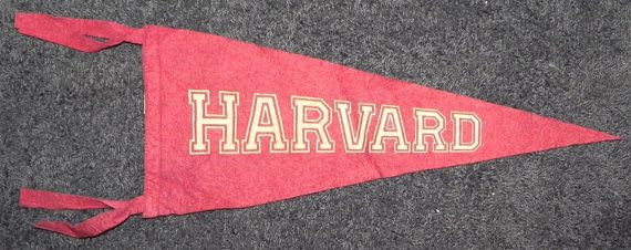 a red pennant with the word harvard on it sitting on top of a carpeted floor