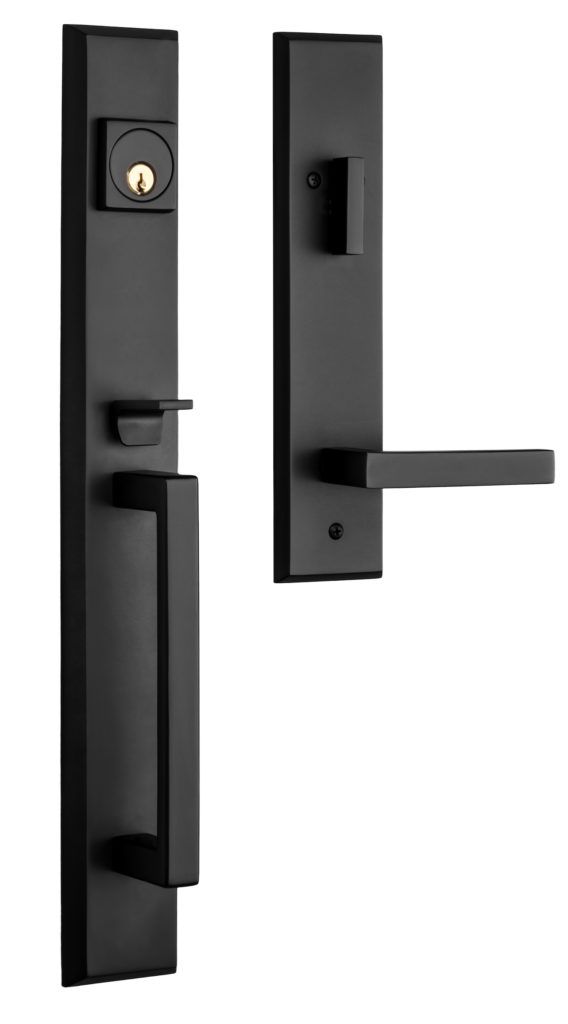 an open door handle on the side of a black door