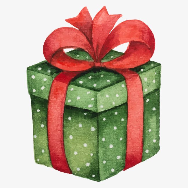 a watercolor drawing of a green gift box with a red ribbon and bow on it