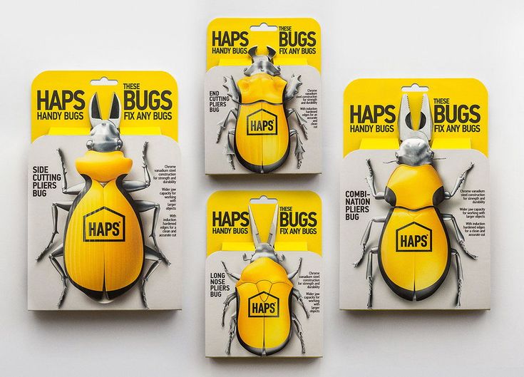 four yellow tags with bugs on them in front of a white background and the tag says haps