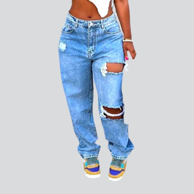 Make a statement this summer with our 2023 Summer Collection of grunge-inspired straight-leg distressed jeans! Featuring a mid-waist fit. luxurious denim fabric. zipper and button closure. and raw hem for an edgy look. these jeans will make you stand out from the crowd.Distinctive Features: Grunge-Inspired: Stand out from the crowd with these unique and fashionable jeans. Straight-Leg: Flatter your figure with a timeless straight-leg fit. Distressed: Achieve an effortlessly cool. vintage look. M Fashionable Jeans, Oversized Jean Jacket, Denim Patterns, Jeans Online, Womens Jeans, Edgy Look, Denim Outfit, Cool Vintage, Denim Fabric