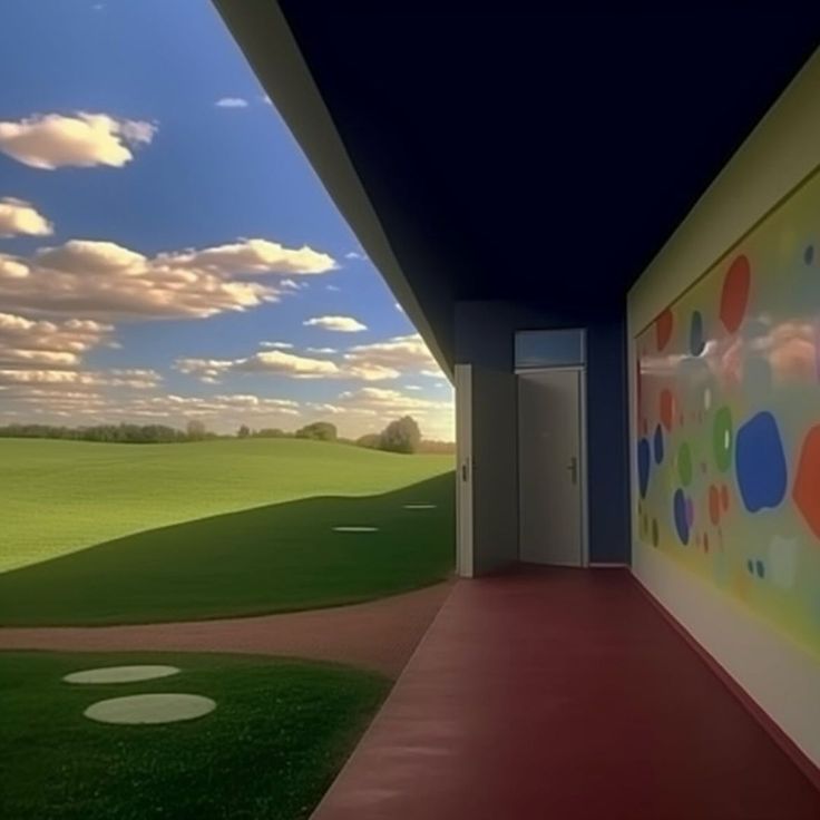 an empty hallway leading to a golf course with colorful paintings on the wall and green grass in the background