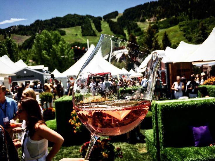 a person holding up a wine glass in front of some people at an outdoor event