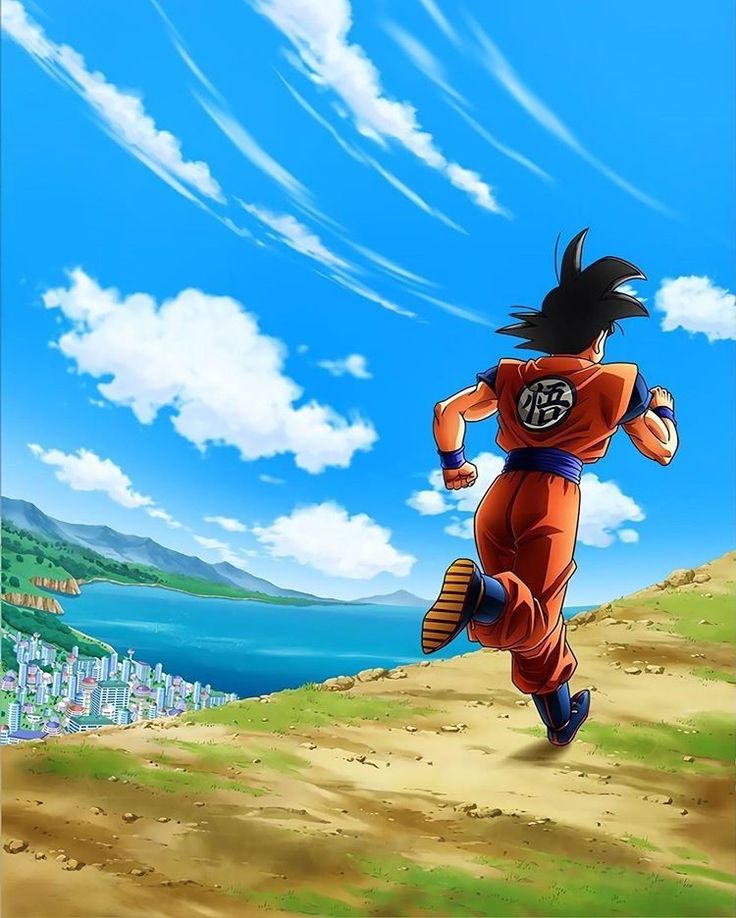 a cartoon character running down a dirt road next to the ocean and cityscape