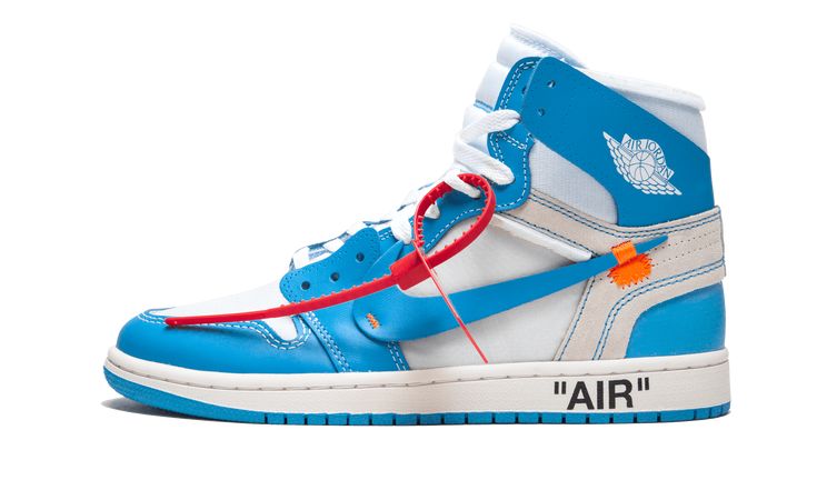 For his third edition of the monumental Off-White x Air Jordan 1, Virgil Abloh focused on the "UNC" colorway of Michael Jordan's first signature shoe. Released in June 2018, the Off-White x Air Jordan 1 "UNC" features the recognizable white and Carolina blue leather upper. The colors are complemented by Abloh's deconstructed aesthetic and signature details such as bright orange detailing and a red zip tie. Like the "Chicago" and all-white colorways before it, the Off-White x Air Jordan 1 "UNC" w Unc Shoes, Air Jordan 1 Blue, Air Jordan 1 Unc, Blue Air Jordan 1, Jordan 1 Off White, Jordan 1 Blue, Jordan 1 Unc, Jordan Shop, Air Jordan Iv