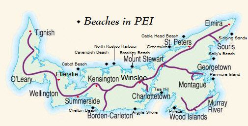 a map of the beaches in pei, with several towns and roads on it