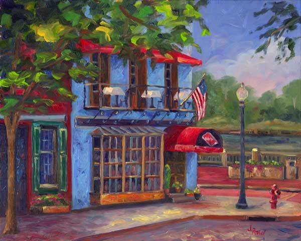 a painting of a blue building with an american flag hanging from the front and windows