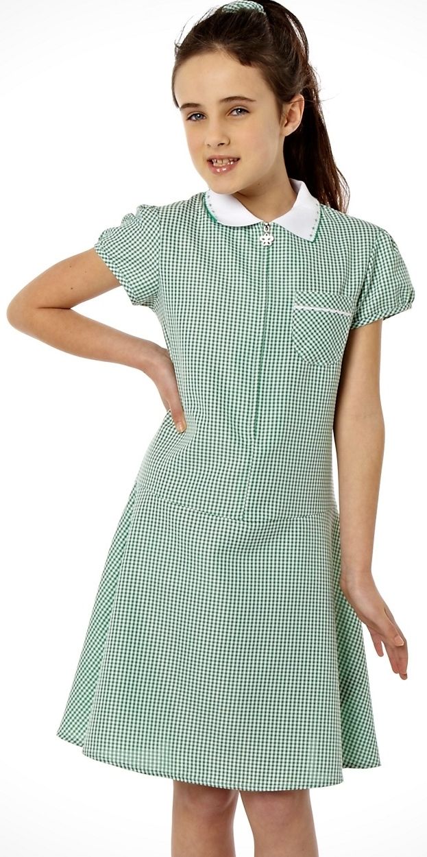 Girl's green summer school uniform dress Item No.2370208895 Add some colour to any school wardrobe with this stylish summer dress from our exclusive collection of girlswear. In green and white, this short sleeve checked dress comes with part zip fastening to the front, a pouch pocket to the left chest and embroidered trims at the plain white collar. Also comes with a free gingham hair scrunchie. Pinafore Uniform Schools, Pinafore School Uniform, Green School Uniform, Gingham School Dress, Toddler School Uniforms, School Uniform Dress, Black Hd, Green Summer Dresses, School Uniform Kids