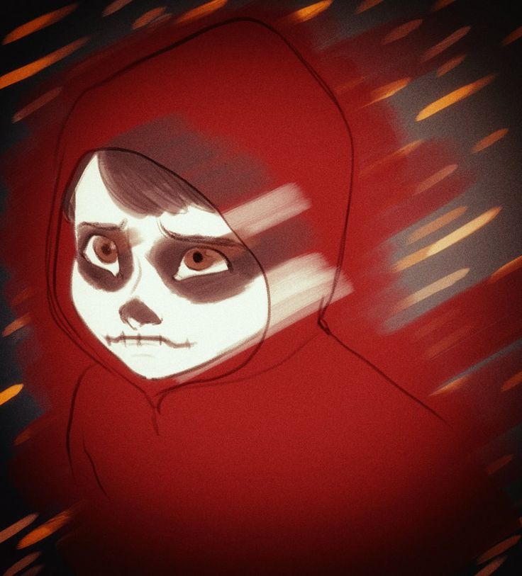 a drawing of a woman in a red hoodie with black and white face paint