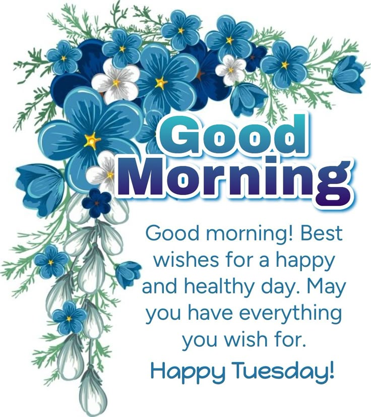 a greeting card with blue flowers and the words good morning